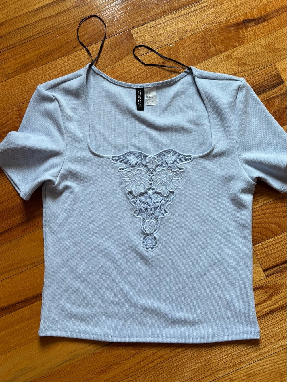 Light Blue Lace Appliqué Short Sleeve Scoop Neck Top